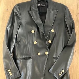 Zara Black Faux Leather Blazer with Gold Buttons
